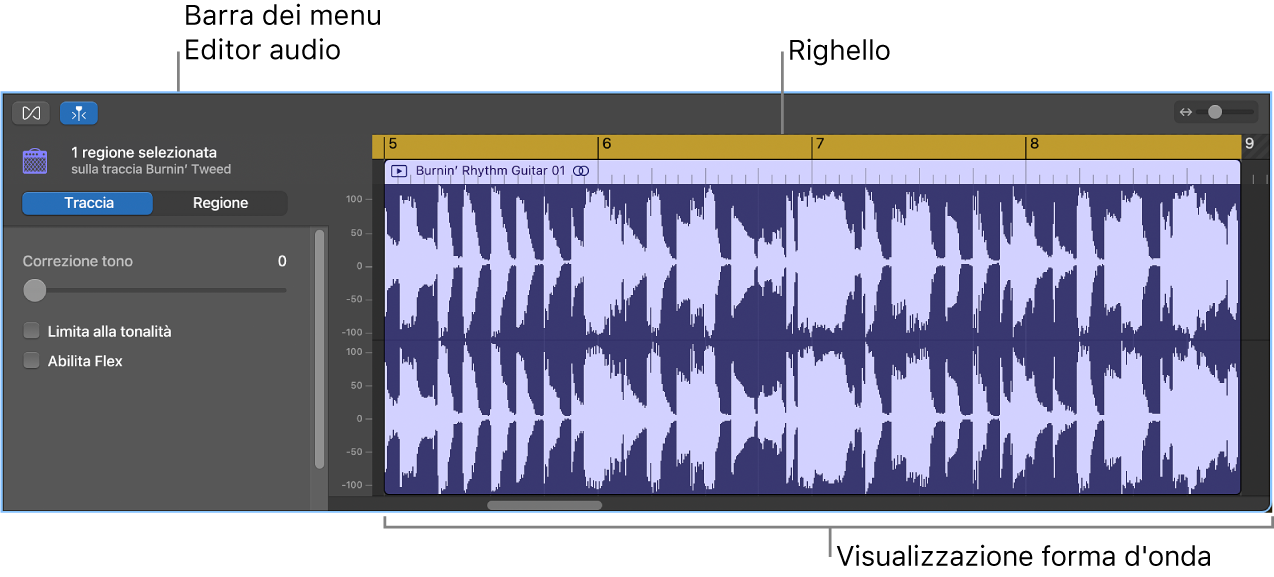 “Editor audio” con una regione selezionata.