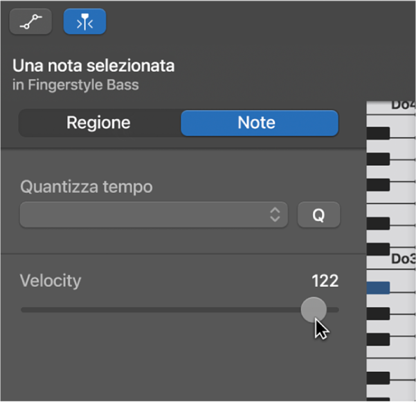 Modifica della velocity della nota in “Editor Piano roll”.