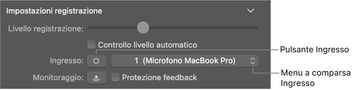 Pulsante Ingresso e menu a comparsa nell’inspector “Smart Control”.