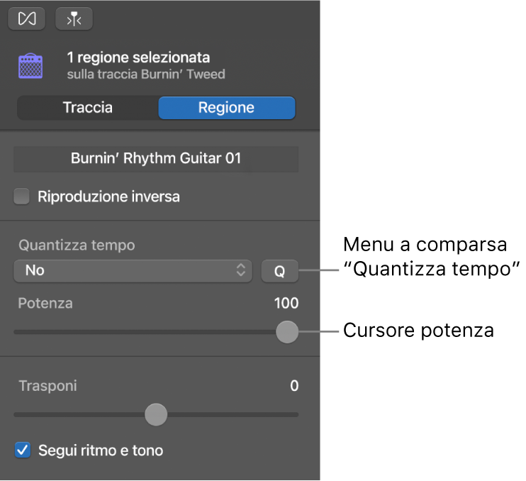 Inspector “Editor audio”, con il menu a comparsa “Quantizza tempo” e il cursore Potenza.