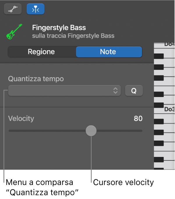 Inspector “Editor Piano roll” in modalità Note, con i controlli.