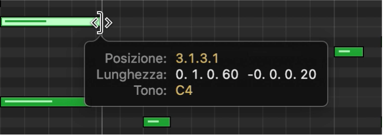 Ridimensionamento di una nota in “Editor Piano roll”.