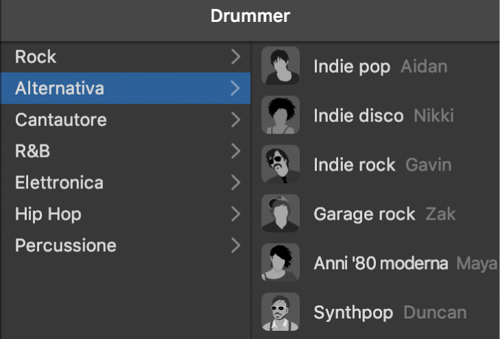 Scelta di un genere nell'editor Drummer.