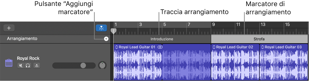 Traccia arrangiamento con pulsante “Aggiungi marcatore” e regione Arrangiamento.