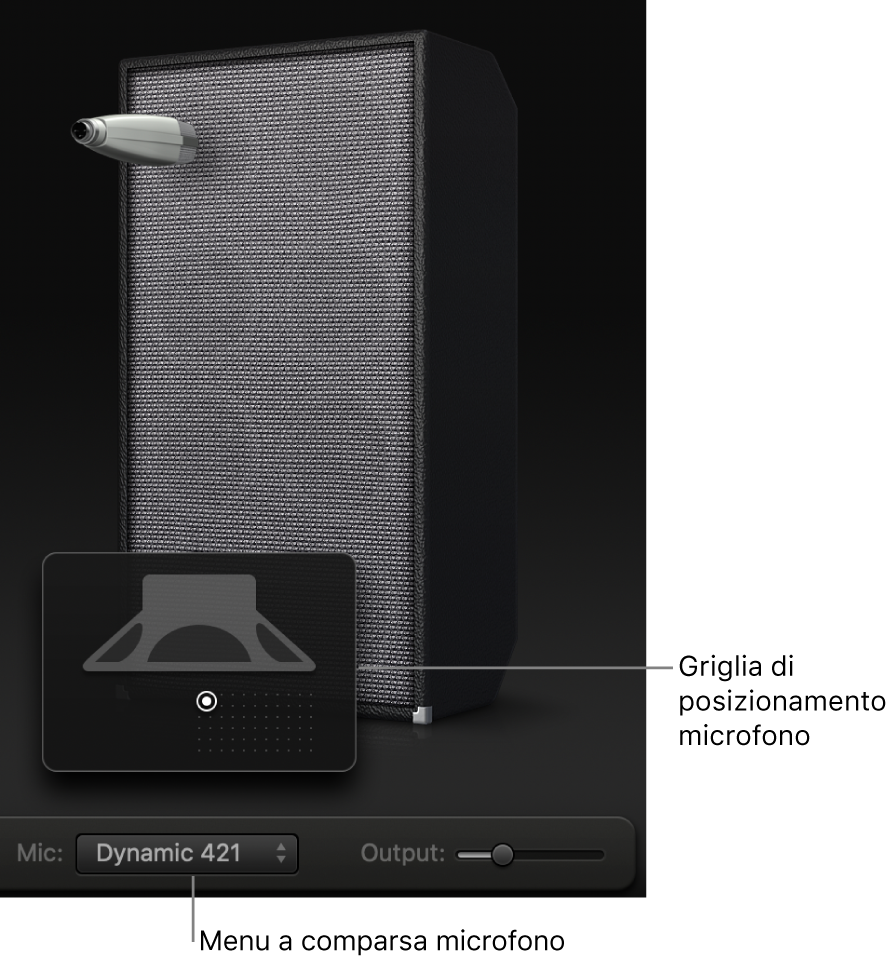 Area cabinet Bass Amp Designer che mostra il menu Microfono e la griglia di posizionamento del microfono.
