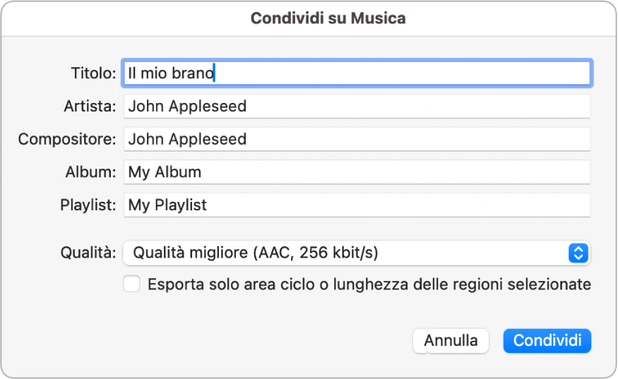 Finestra di dialogo “Condividi su Musica”.