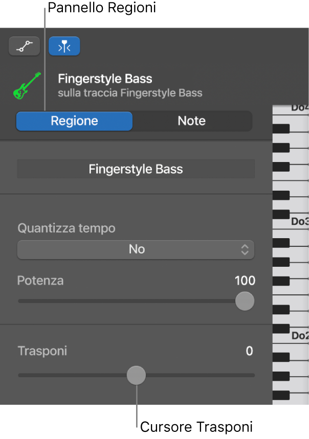 Inspector “Editor Piano roll”, con pulsante Regione e cursore Trasponi.