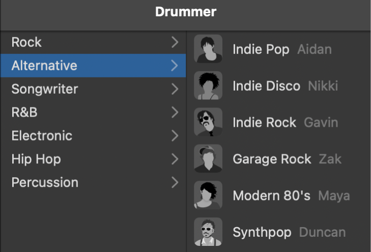 Drummerエディタでジャンルを選択しています。