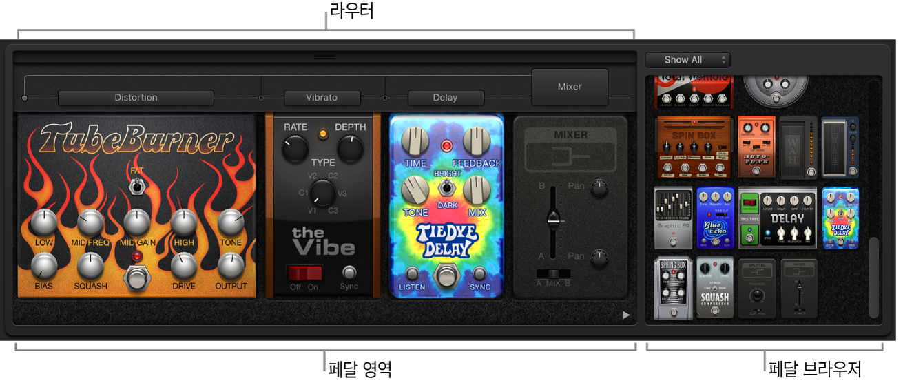 페달 영역, 페달 브라우저 및 라우터 영역을 표시하는 Pedalboard 플러그인.