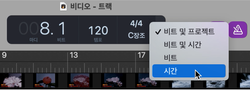 컨트롤 막대의 LCD, 시간 포맷 선택.