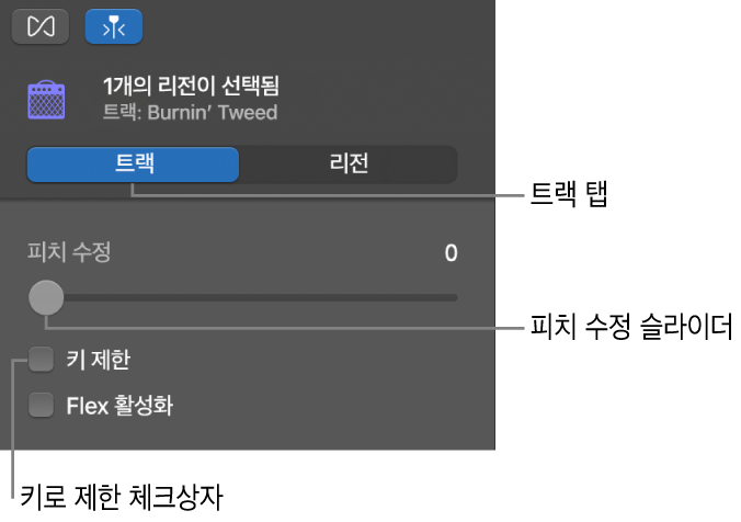 피치 수정 슬라이더 및 키로 제한 체크상자를 표시하는 트랙 모드의 오디오 편집기 인스펙터.