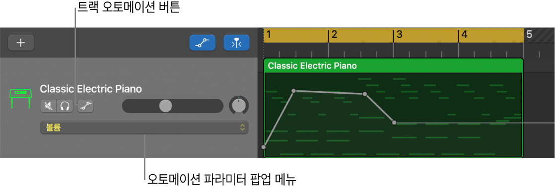 트랙 헤더에 있는 트랙 오토메이션 버튼 및 오토메이션 파라미터 팝업 메뉴 표시.