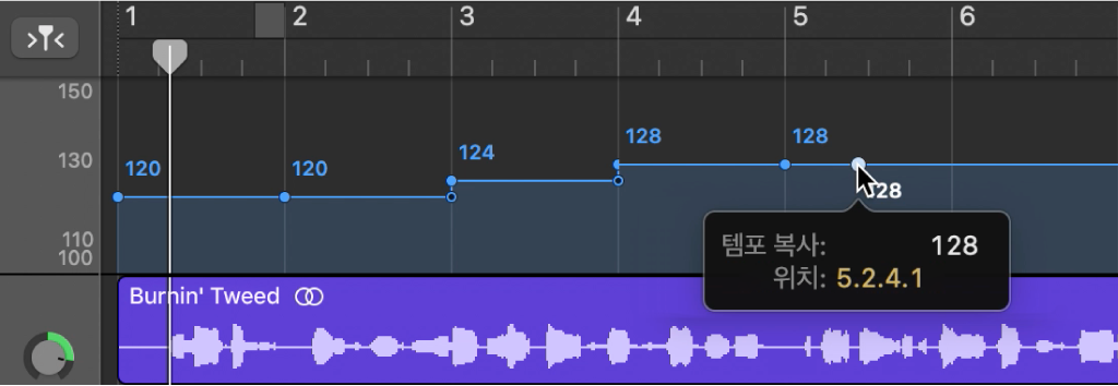 Option-드래그하여 템포 제어 포인트를 복사하는 것을 표시하는 템포 트랙.
