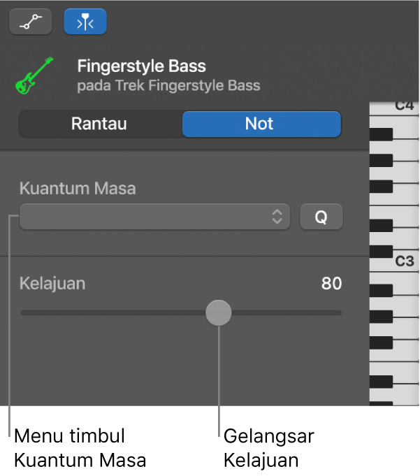 Pemeriksa Editor Lembaran Piano dalam mod Not, menunjukkan kawalan.