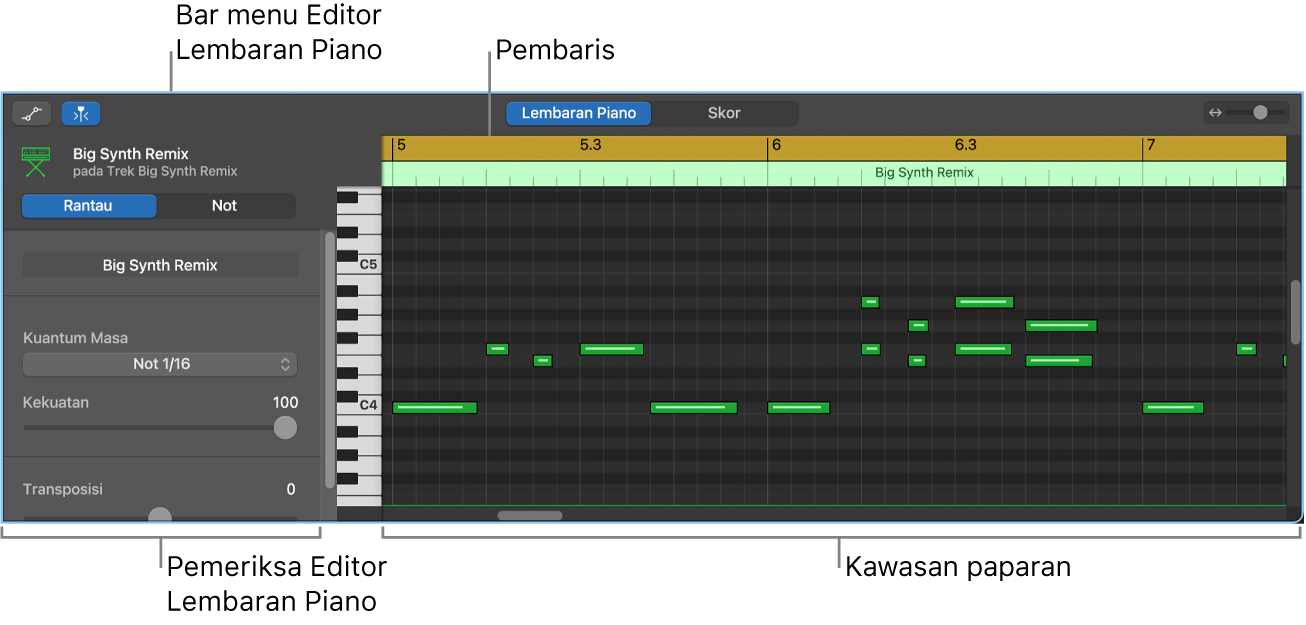 Editor Lembaran Piano, menuding ke peristiwa not MIDI.