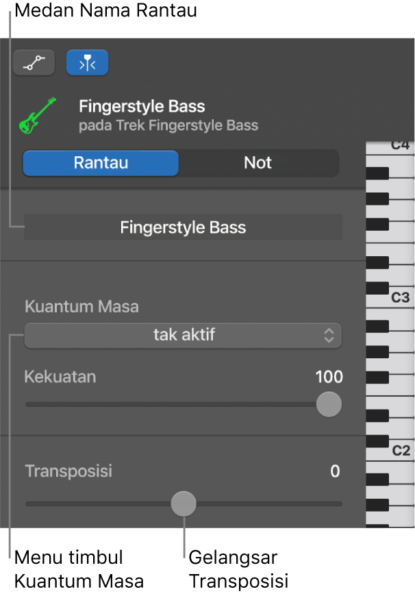 Pemeriksa Editor Lembaran Piano dalam mod Rantau, menunjukkan kawalan.