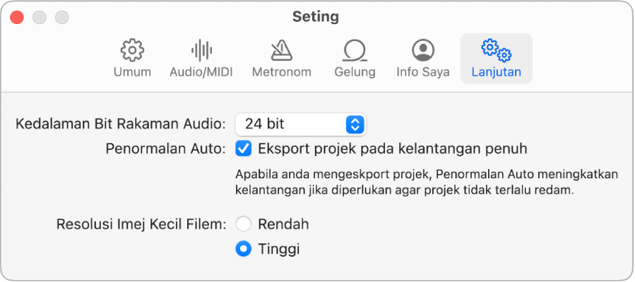 Anak tetingkap Seting Lanjutan.