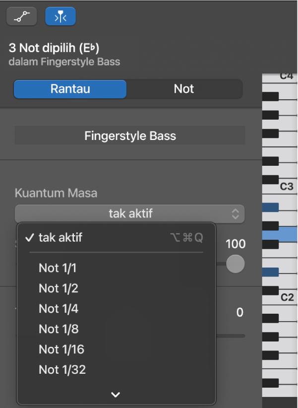 Memilih nilai dari menu timbul Kuantum Masa dalam pemeriksa Editor Lembaran Piano.