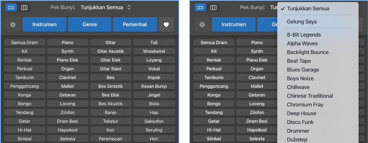 Menunjukkan menu timbul Gelung terbuka.