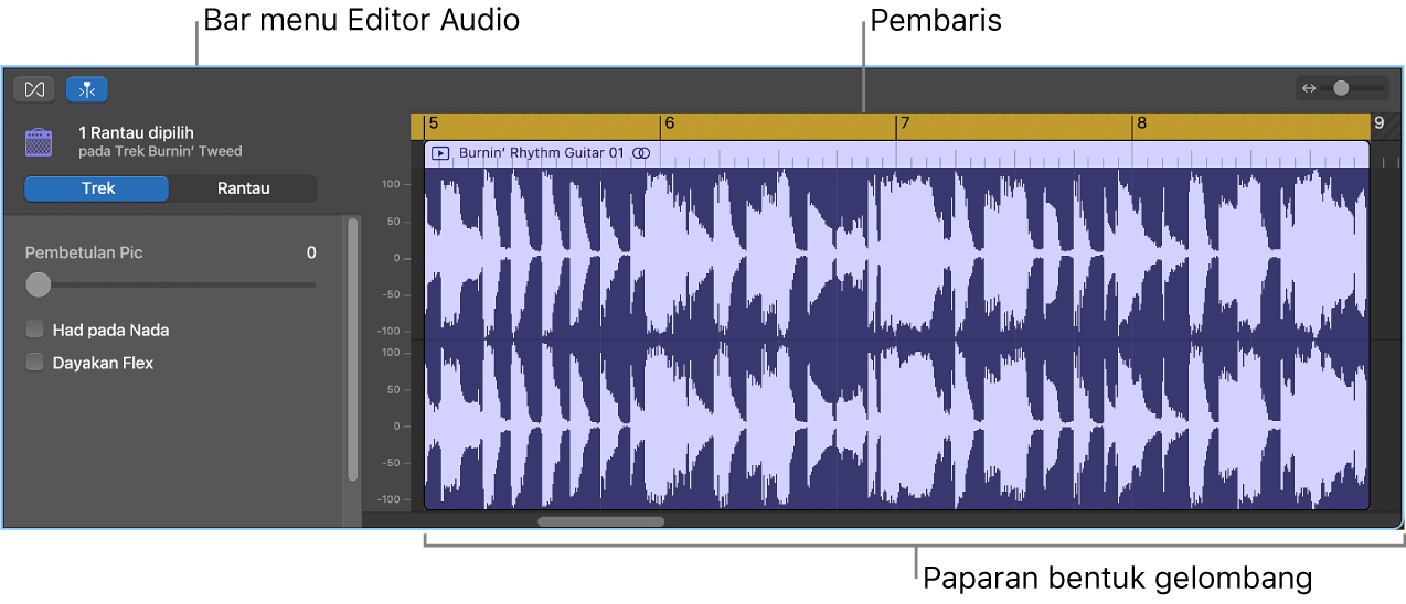 Editor Audio dengan rantau dipilih.