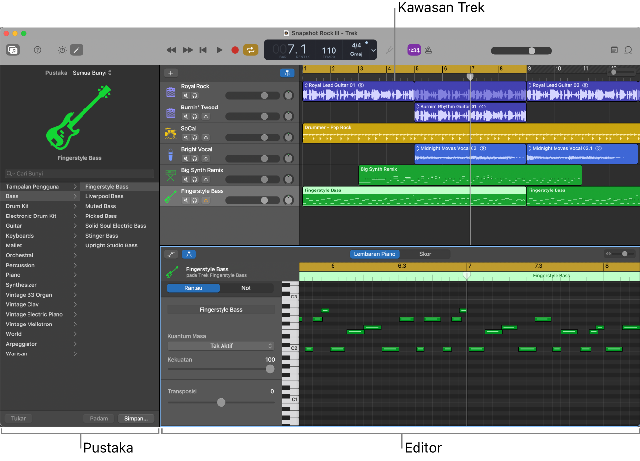 Tetingkap GarageBand.