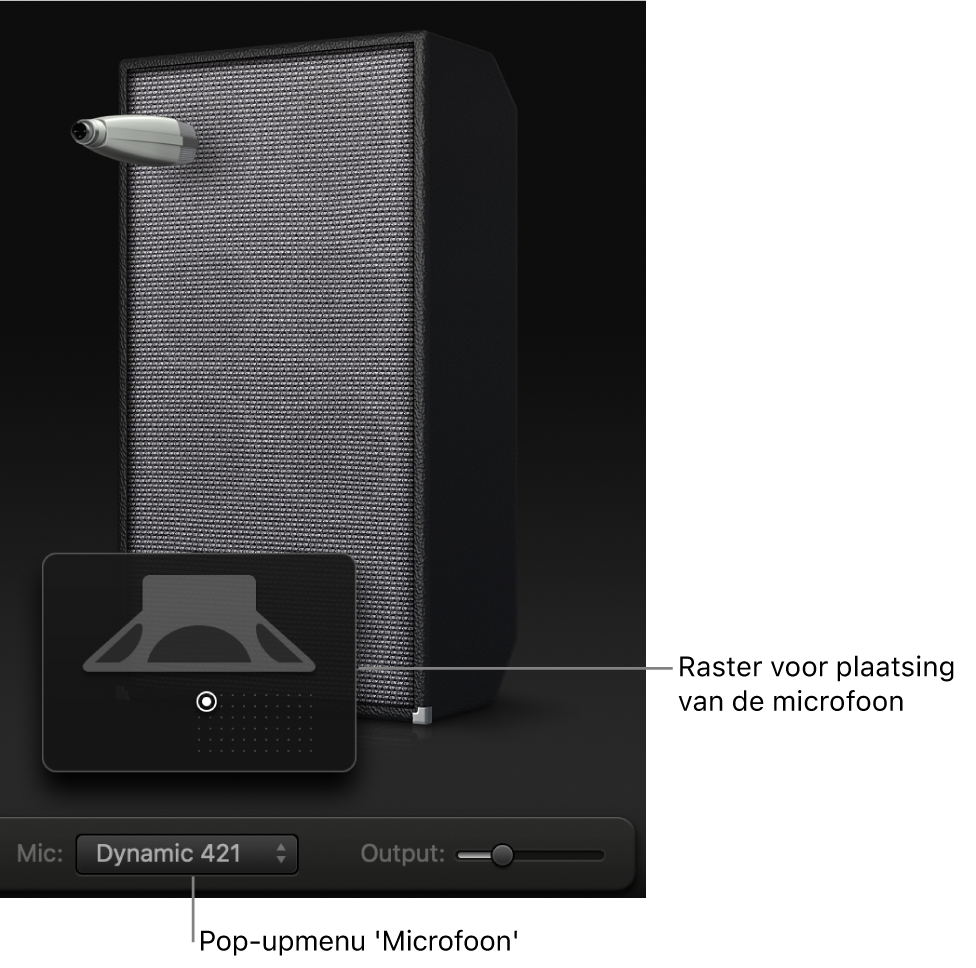 Bass Amp Designer-boxgedeelte met Mic-menu en raster voor de plaatsing van de microfoon.