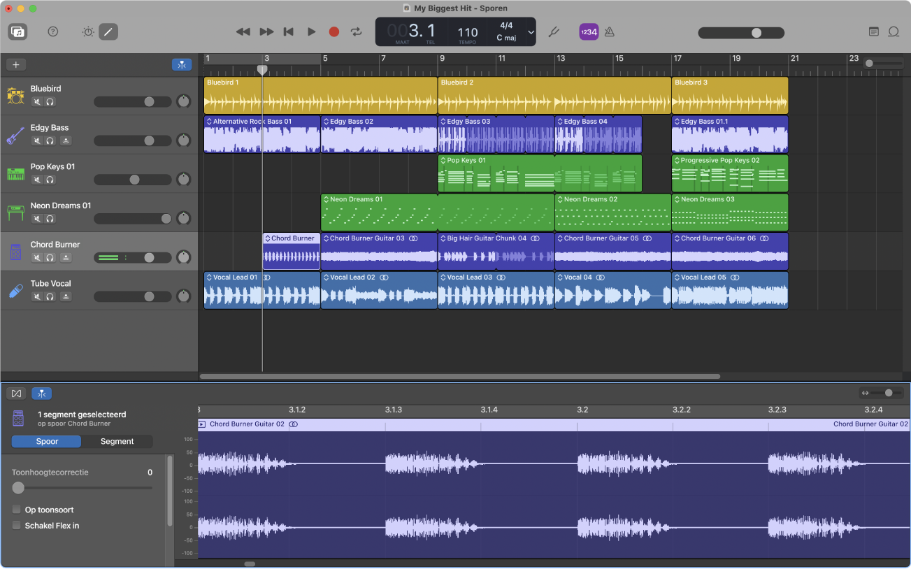 Een GarageBand-project wordt afgespeeld.