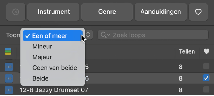 Pop‑upmenu 'Toonladder' in de loopbrowser.