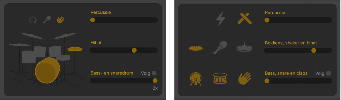 Drummer-editor met de regelaars voor patroonvariatie.
