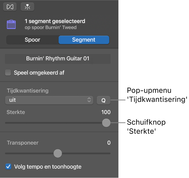 Infovenster van de audio-editor, met het pop‑upmenu 'Tijdkwantisering' en de schuifknop 'Sterkte'.