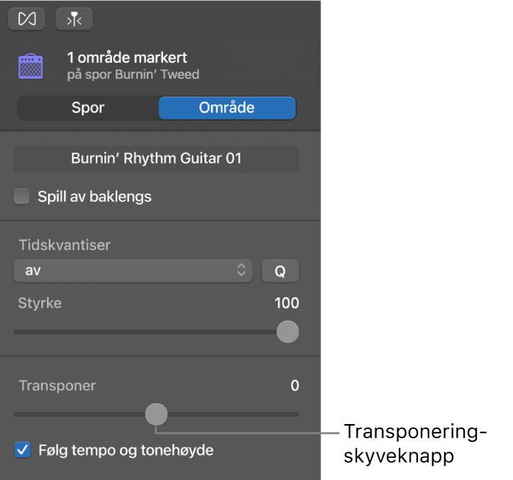 Lydredigerer-inspektøren i Område-modus, som viser Transponer-skyveknappen.