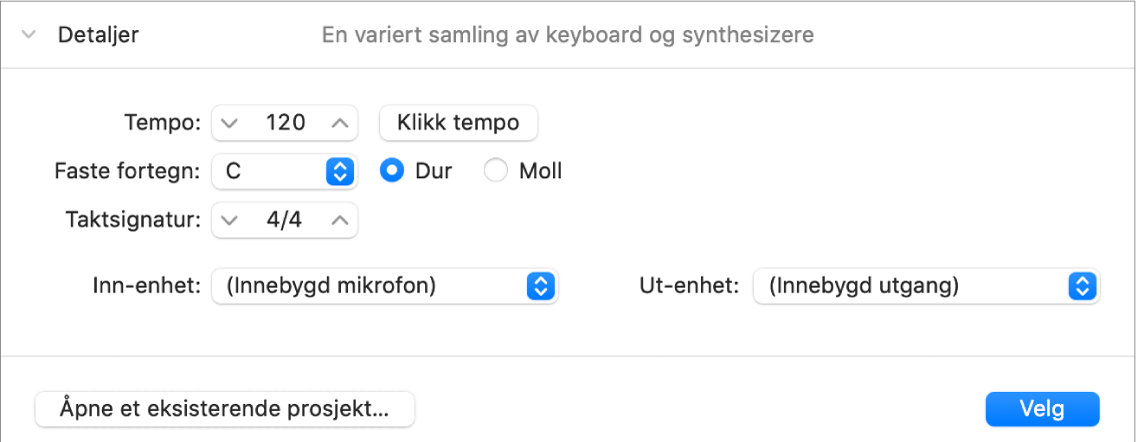 Detaljer-området i prosjektvelgeren åpent som viser parametre