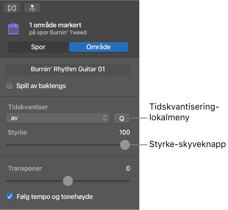 Lydredigerer-inspektøren, som viser Tidskvantiser-lokalmenyen og Styrke-skyveknappen.