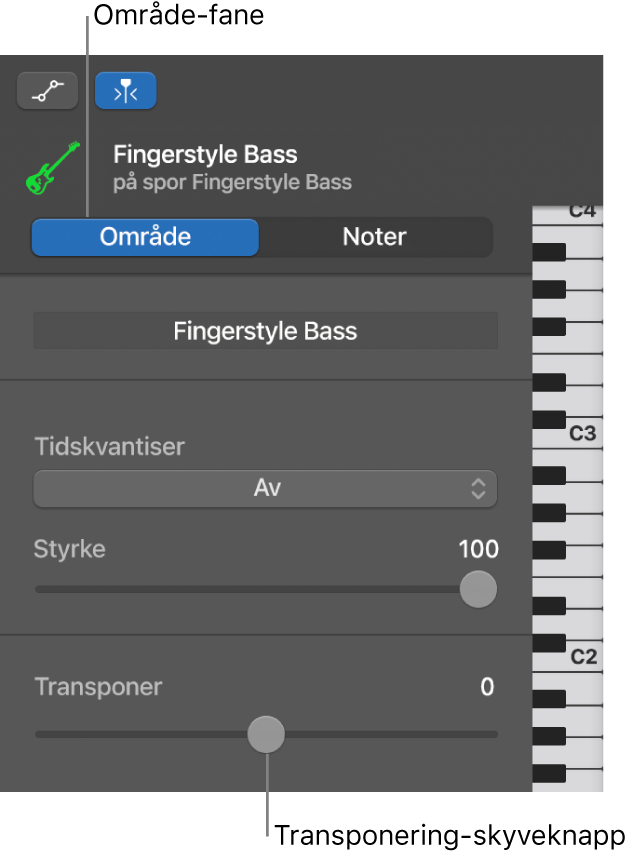 Pianorullredigerer-inspektør, som viser Område-knappen og Transponer-skyveknappen.