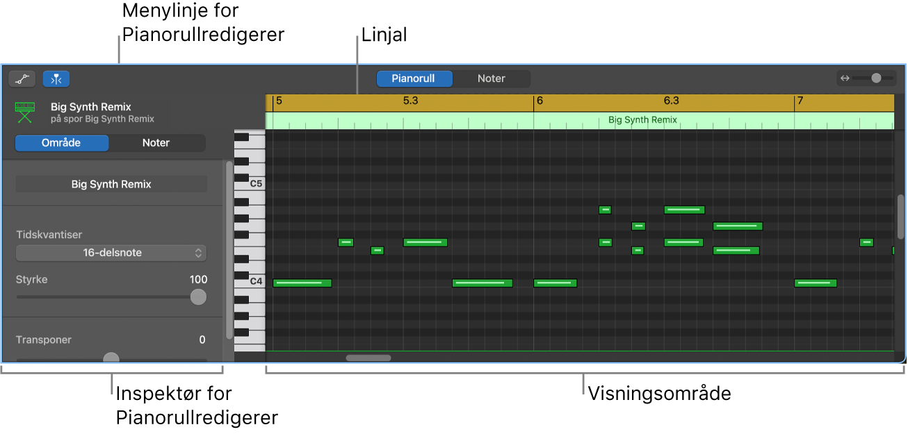 Pianorullredigerer, med fokus på en MIDI-tonehendelse.