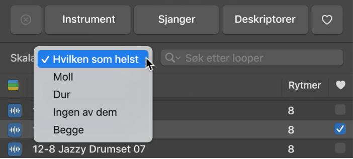 Viser den åpne Skala-lokalmenyen i loopnavigering.