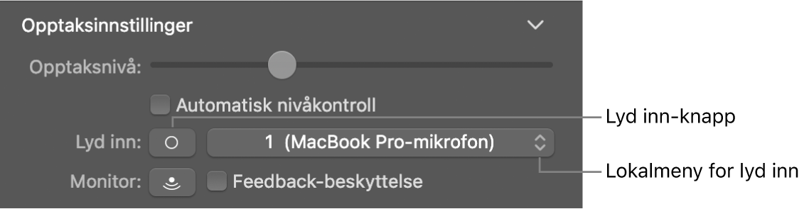 Lyd inn-knappen og lokalmenyen i Smart Controls-inspektøren.