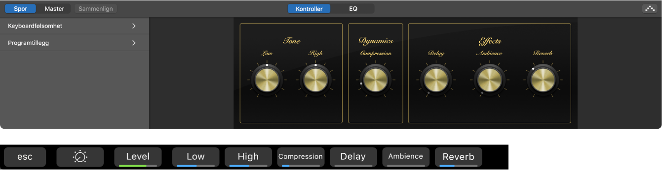 Figur. Programvareinstrumentspor Smart Controls og dynamiske Smart Controls-skjermsnarveier.