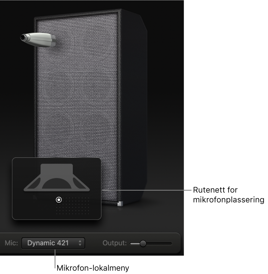Bass Amp Designer-kabinettområde som viser Mic-menyen og rutenettet for mikrofonplassering.