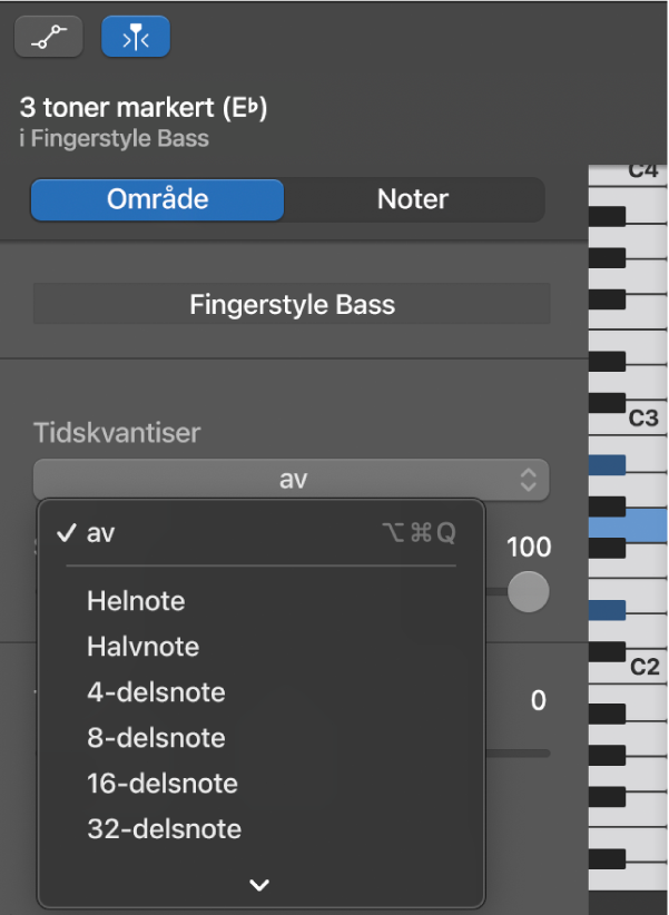 Valg av en verdi fra Tidskvantiser-lokalmenyen i Pianorullredigerer-inspektør.