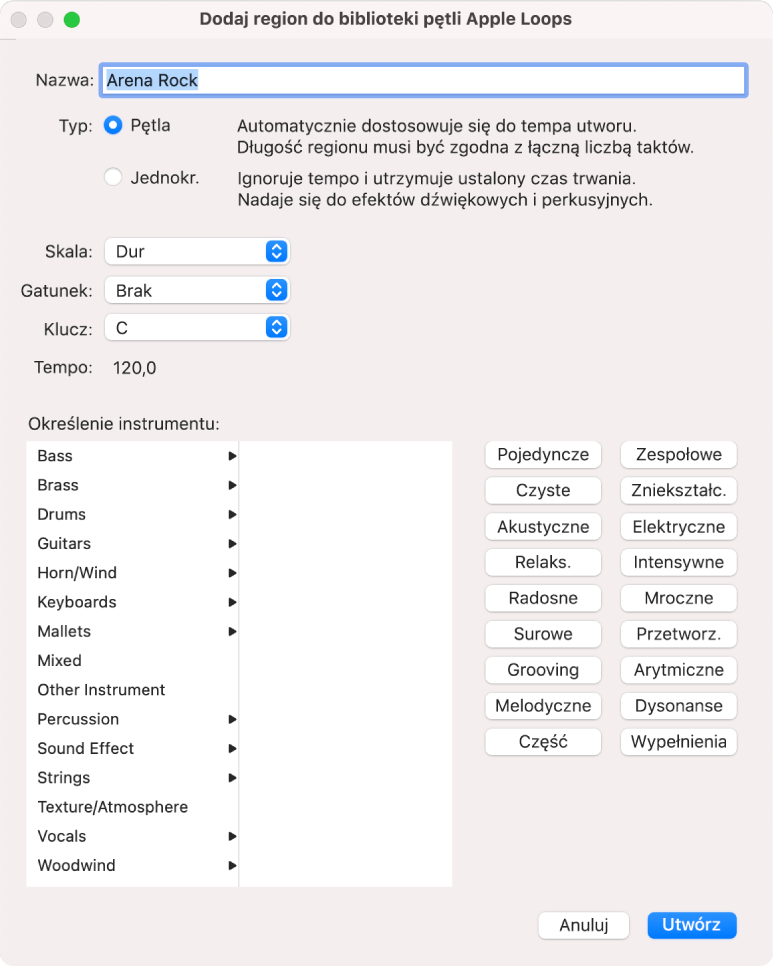 Okno dialogowe Dodaj region do biblioteki pętli Apple Loops.