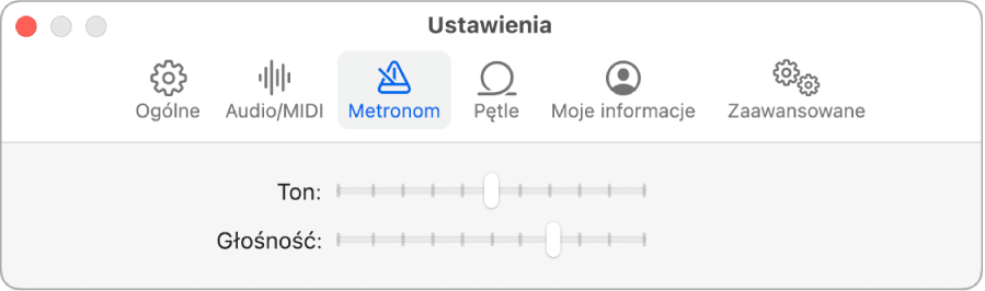 Panel ustawień Metronom.