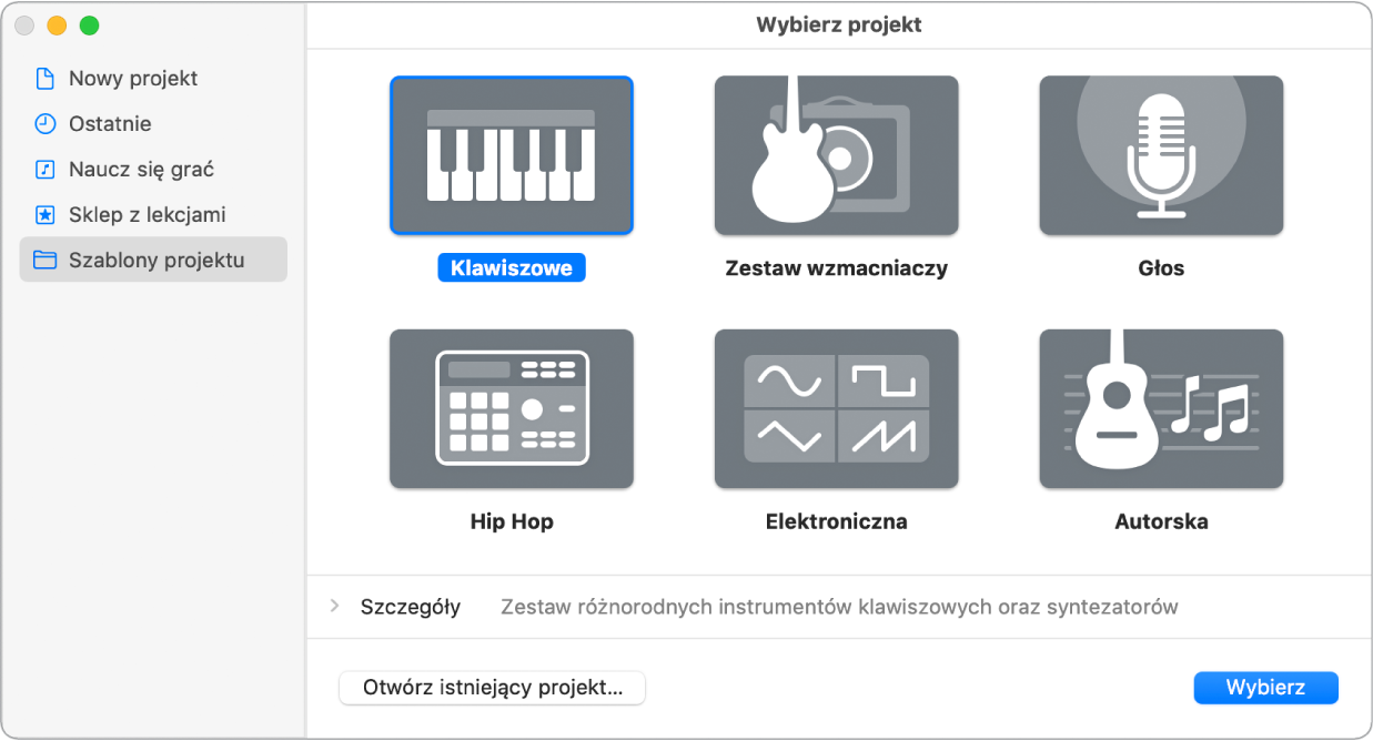 Okno wyboru projektu z szablonami nowego projektu.