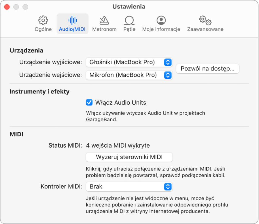 Panel ustawień Audio/MIDI.