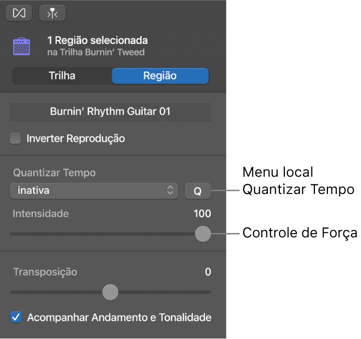 Inspetor do Editor de Áudio, exibindo o menu pop-up Quantizar Tempo e o controle deslizante de Intensidade.