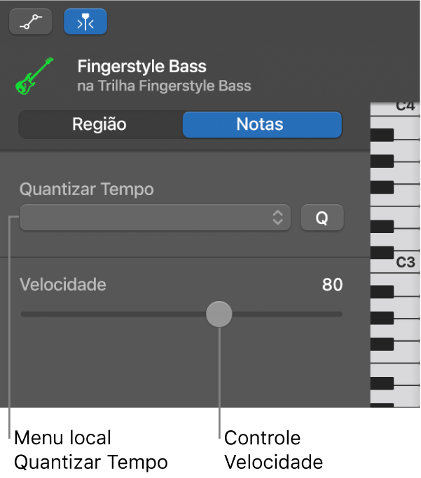 Inspetor do Editor do Rolo de Piano no modo Notas, exibindo controles.