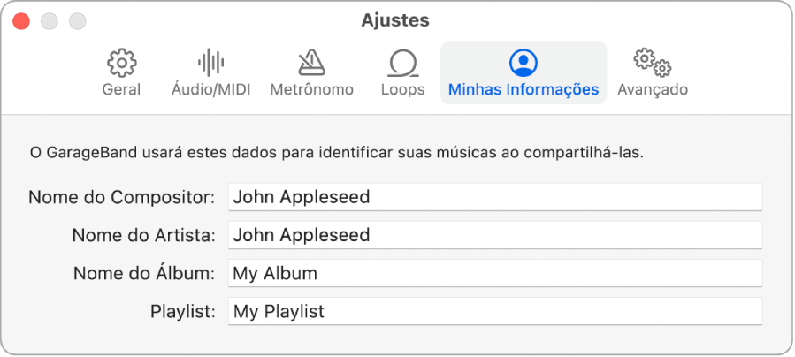 O painel de ajustes Minhas Informações.