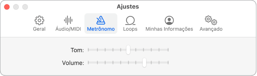 O painel Ajustes do Metrônomo.