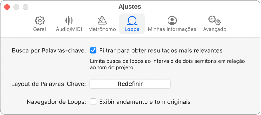 O painel de ajustes de Loops.