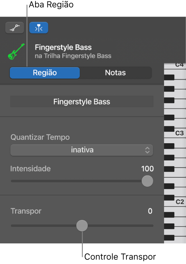 Inspetor do Editor do Rolo de Piano, exibindo o botão Região e o controle deslizante Transpor.